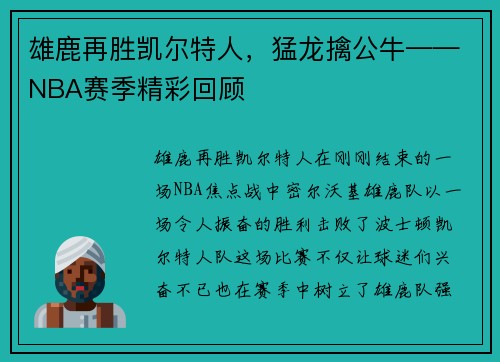 雄鹿再胜凯尔特人，猛龙擒公牛——NBA赛季精彩回顾