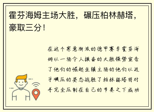 霍芬海姆主场大胜，碾压柏林赫塔，豪取三分！
